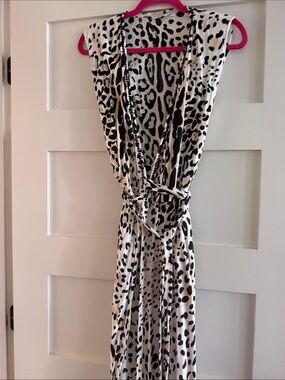 Sleeveless Black and White Animal Print Wrap Dress